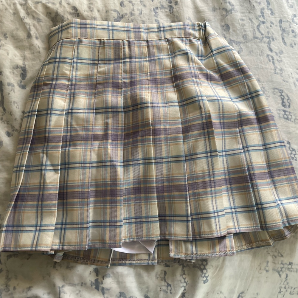Purple, blue and yellow plaid skirt